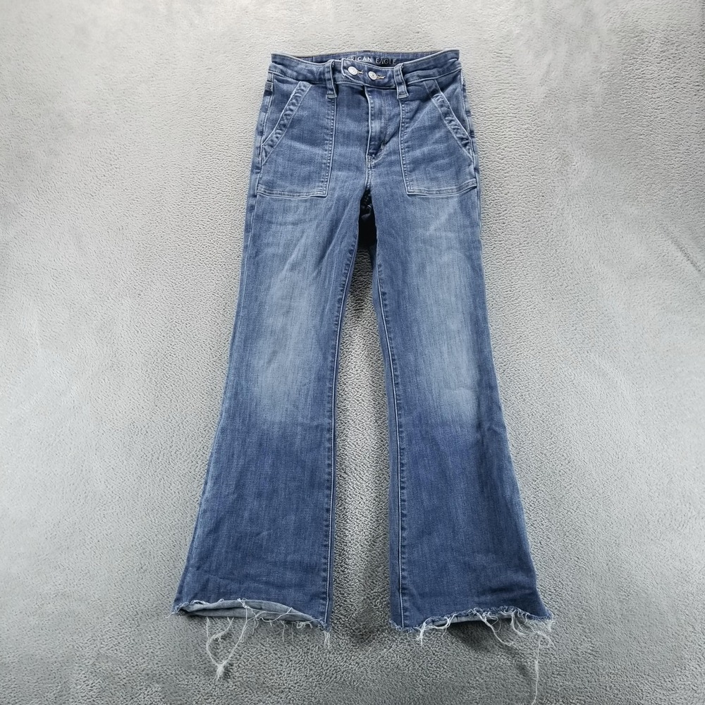 American Eagle Jeans Womens 6 Blue Super High Rise Flare Raw Hem Utility Stretch